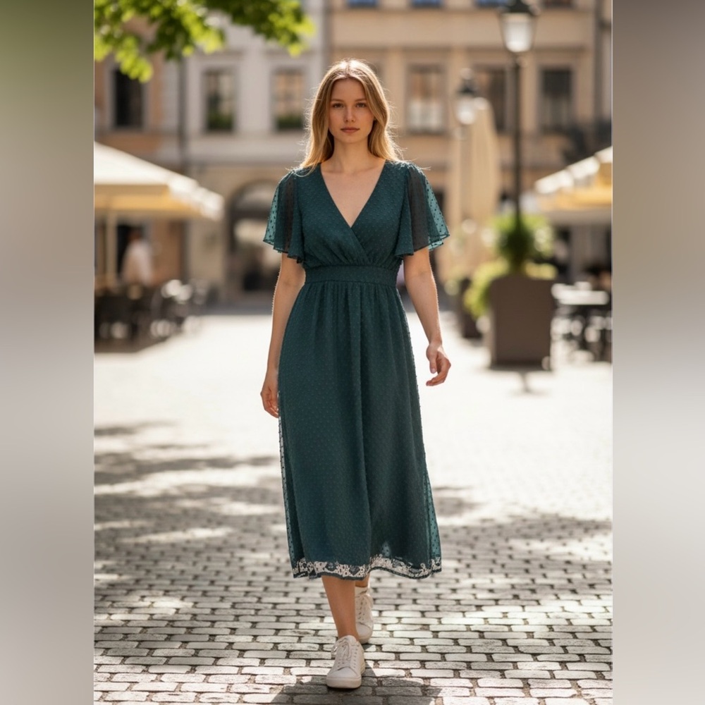 LULUS Wrapped Up In Love Dark Green Satin Faux Wrap Midi Dress Women’s XS NWT
